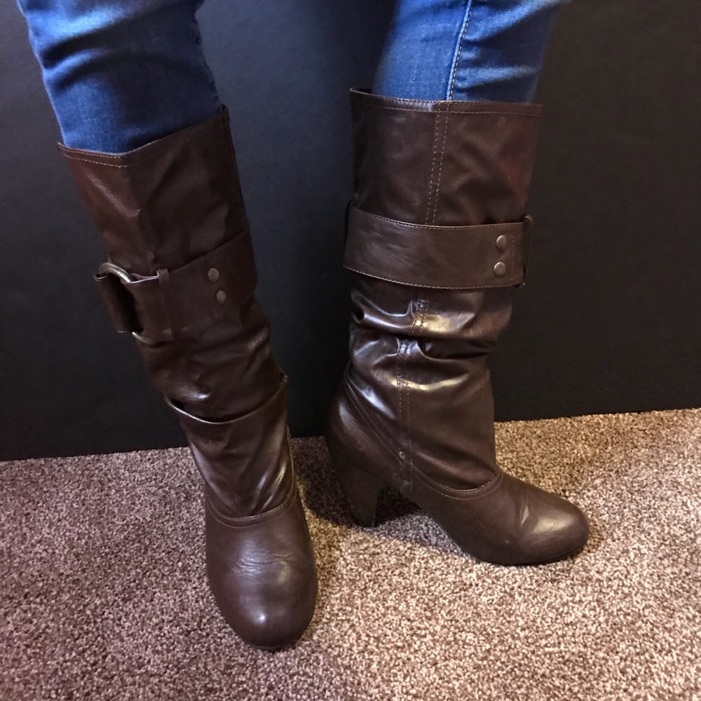 Dark Brown Mid-Calf Heeled Boots